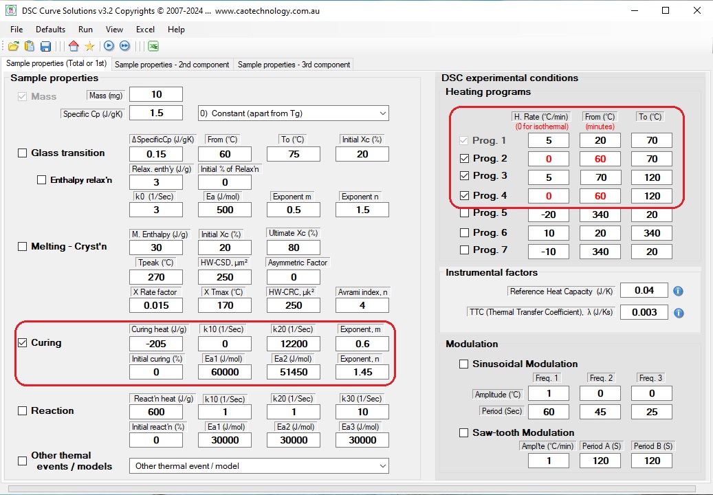 DCS settings for simulation of curing degree for an resin 